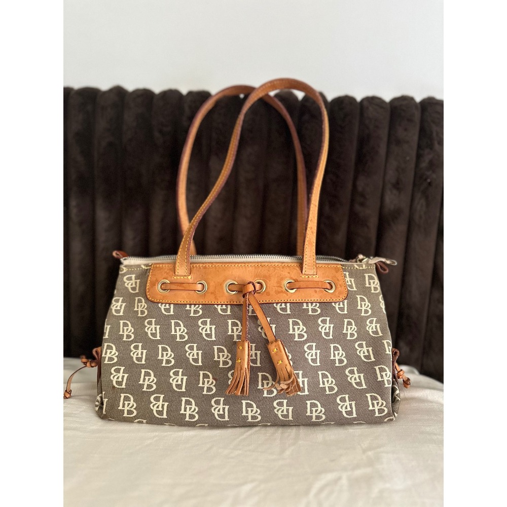 Vintage Y2K Dooney & Bourke Signature Monogram Canvas Tassel Tote Shoulder Bag